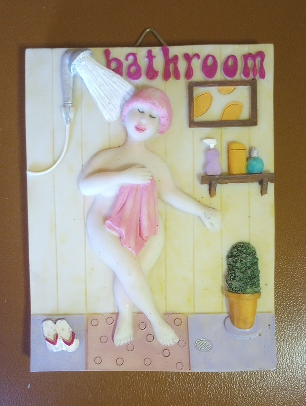 3D Senior Lady Grandma Ceramic Bathroom Plaque. Pink Cream Green Purple Silver